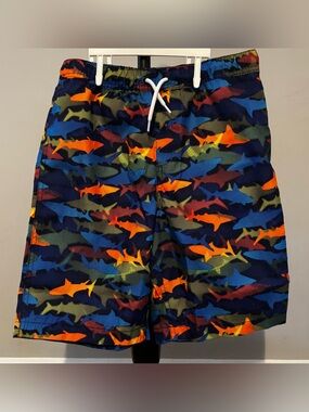 Lands' End Boys' Multicolor Shark Print Swim Trunks